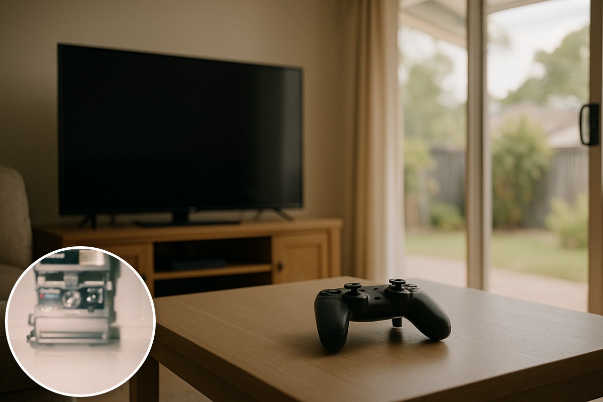 Generic illustrative game controller in a living room with a stock instant-camera inset; not a Bluey screenshot or an actual studio.