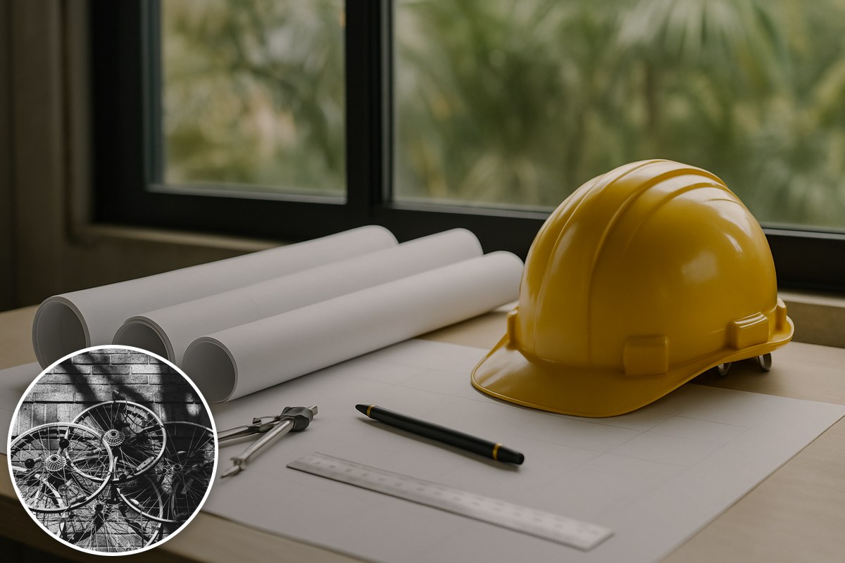 Generic illustrative engineering desk with plans and a hard hat, with a stock bicycle-wheel inset; not the Bribie Island Bridge or its proposed design.