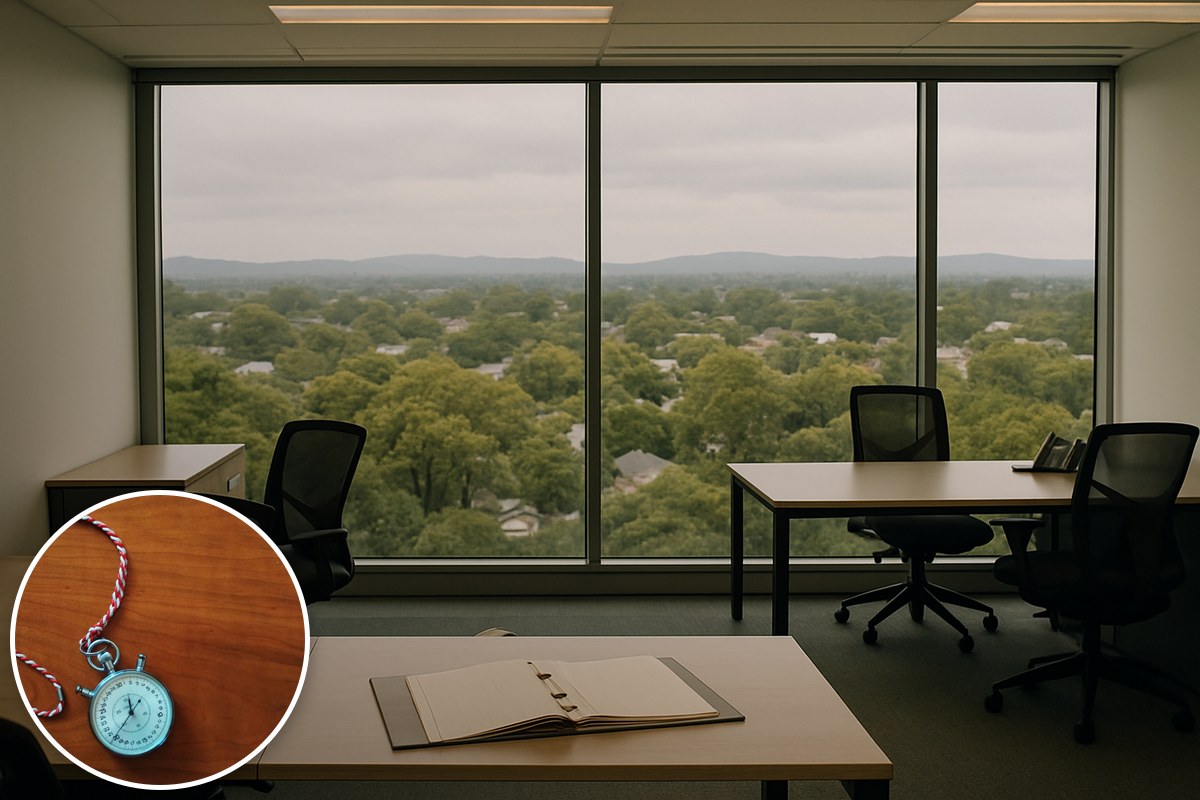 Generic illustrative empty planning office with a stock stopwatch inset; not Cindy Hook's office or a Brisbane 2032 location.