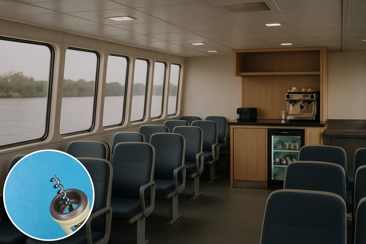 Generic illustrative empty passenger-vessel cabin and refreshments counter, with a stock corkscrew inset; not an actual CityCat or proposed fit-out.