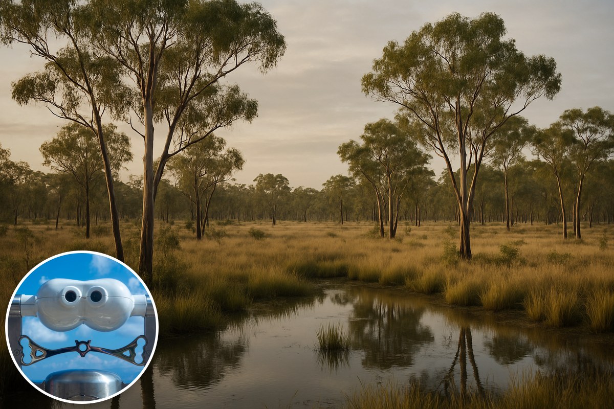Generic illustrative Australian savannah woodland and wetland with a stock binocular-viewer inset; not a photograph of the acquired properties.