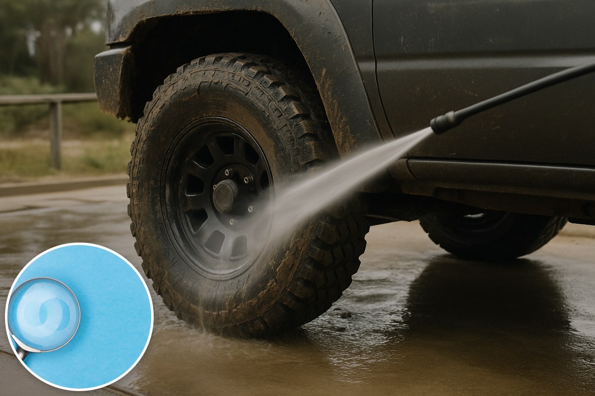 Generic illustrative muddy four-wheel-drive tyre being washed, with a stock magnifying-glass inset; not a photograph of K'gari or a proposed checkpoint.