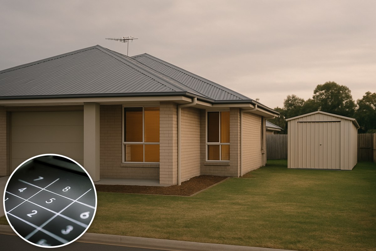 Generic illustrative Australian suburban house and detached shed with a stock calculator-keypad inset; not a particular property.